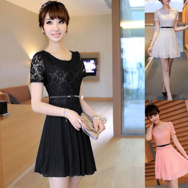 vestido plissado em renda com cinto